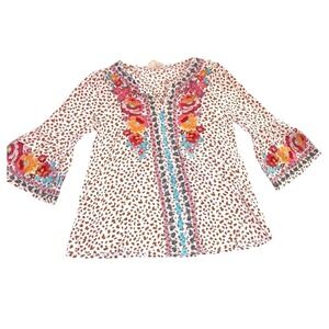 Savanna Jane Boho Embroidered Tunic Top Small Floral Peasant Blouse